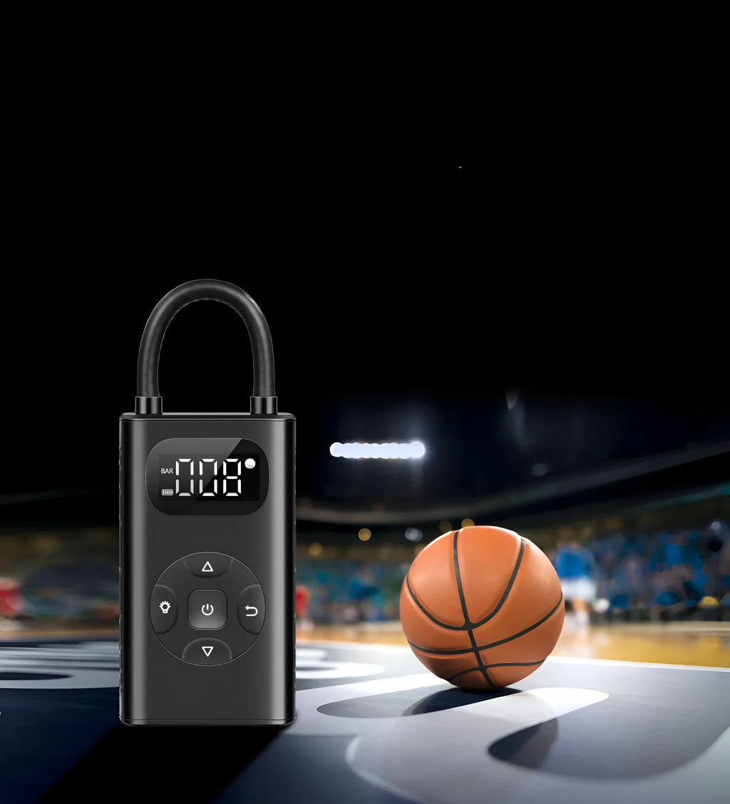 Black M09X portable tyre inflator power bank with aviation aluminium alloy construction and USB charging port