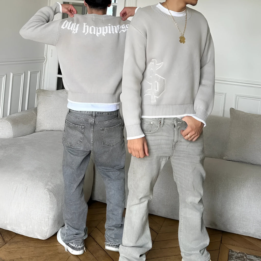 Grey loose fit jacard knit pullover coat with long sleeves made from acetate fibre