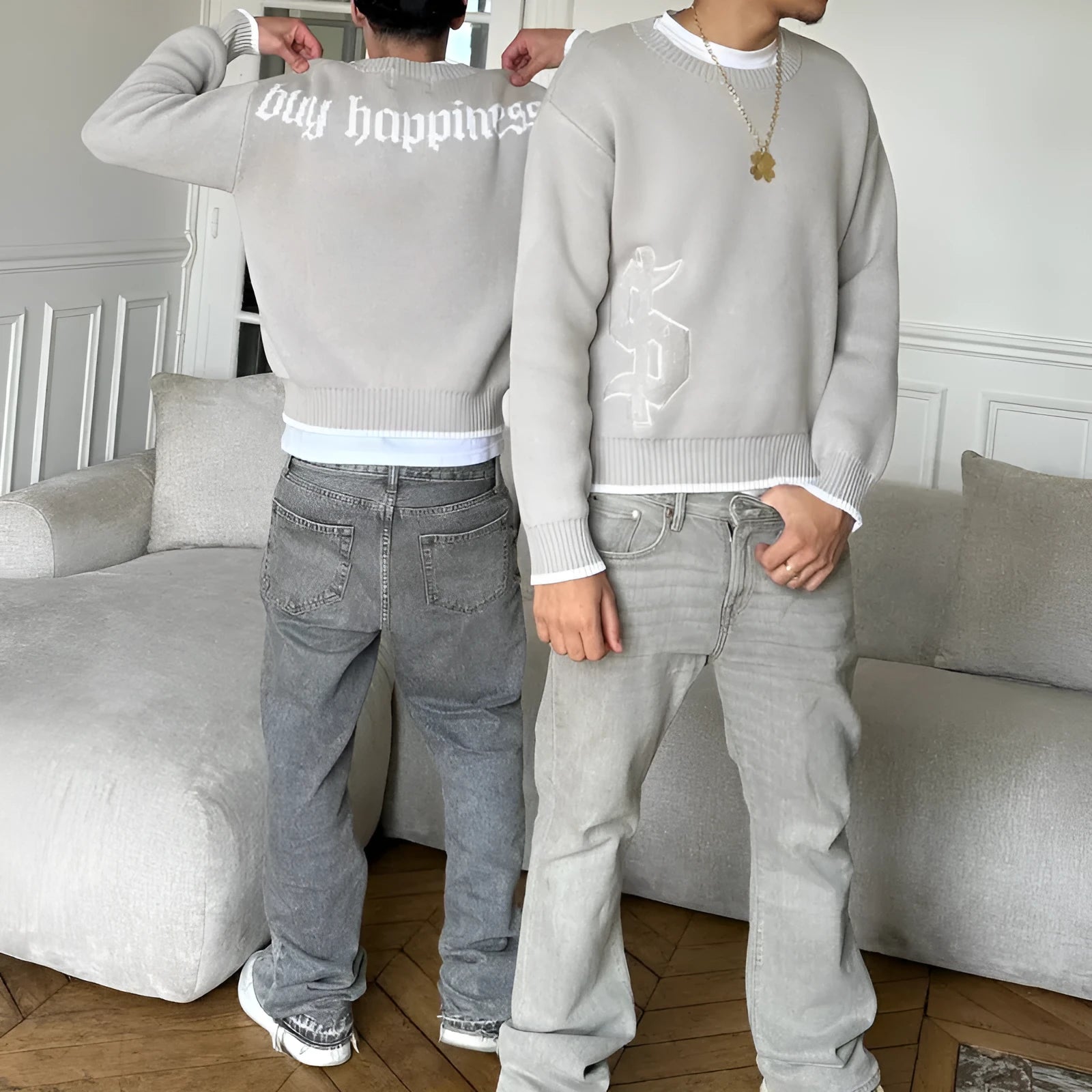 Grey loose fit jacard knit pullover coat with long sleeves made from acetate fibre