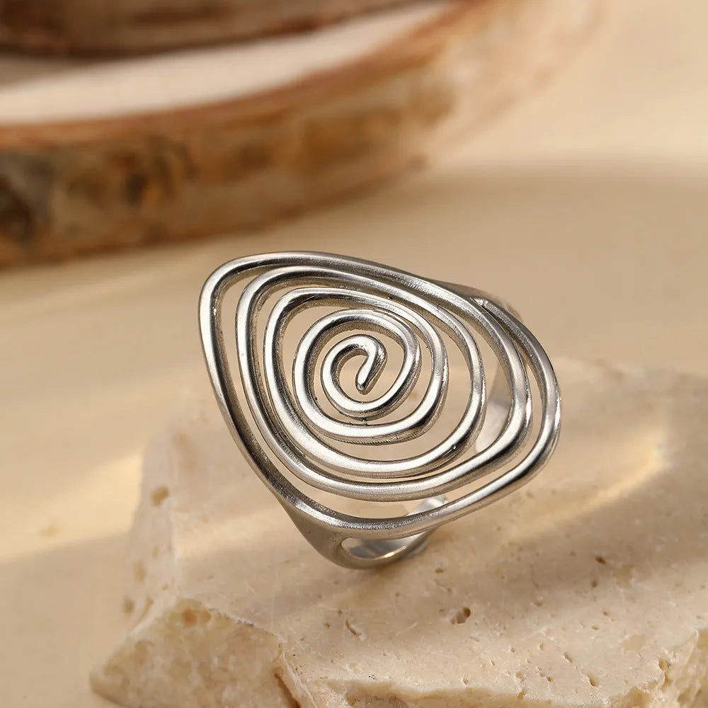Geometric spiral laid open ring in stainless steel, unisex retro style, available in colours F1679 and F1680