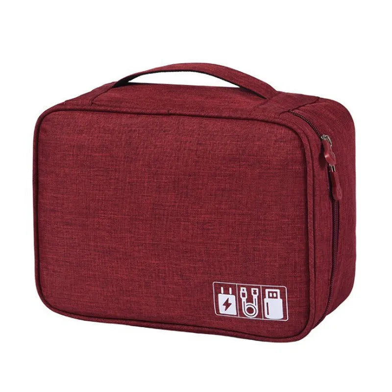 Cationic fabric organiser bag for cables and electronic accessories in multiple colours.