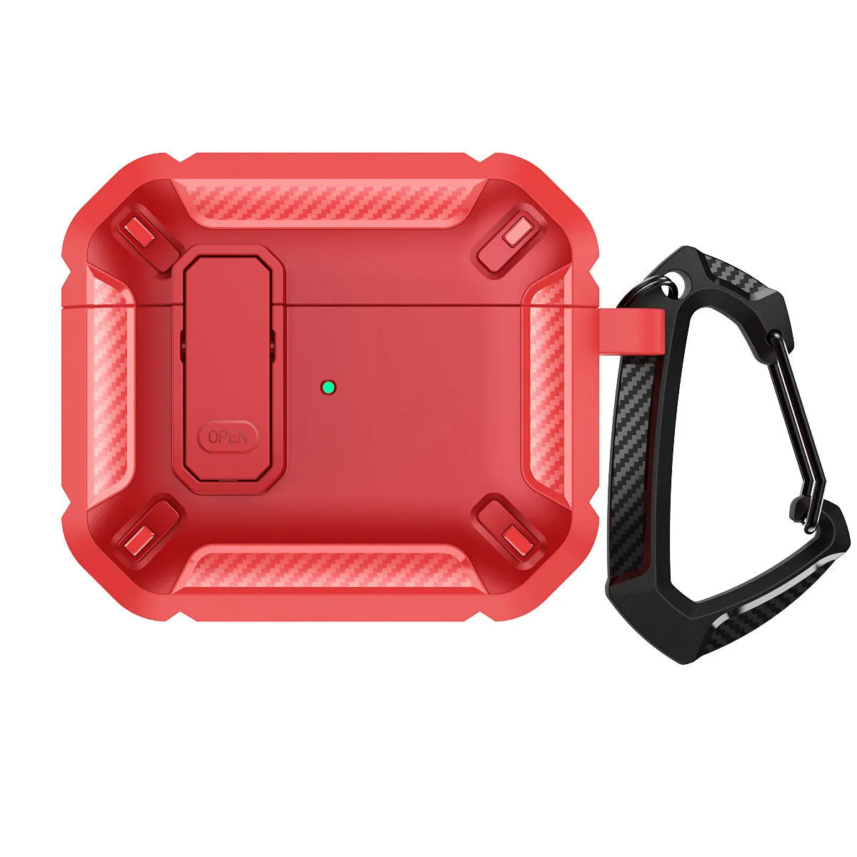 AirPods plastic clamshell protective case in a two-colour design with an attached metal carrying hook