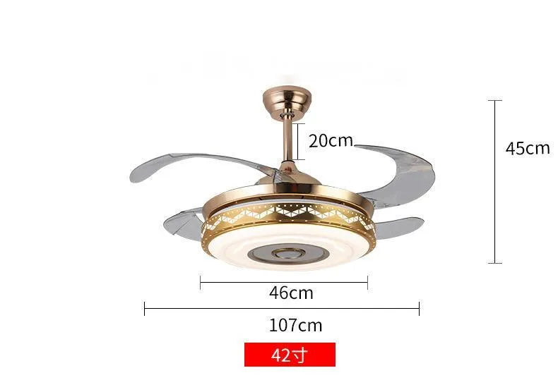 42 inch ceiling fan light with acrylic lampshade, acrylic blades, gold three-tone light, remote control and Bluetooth music model