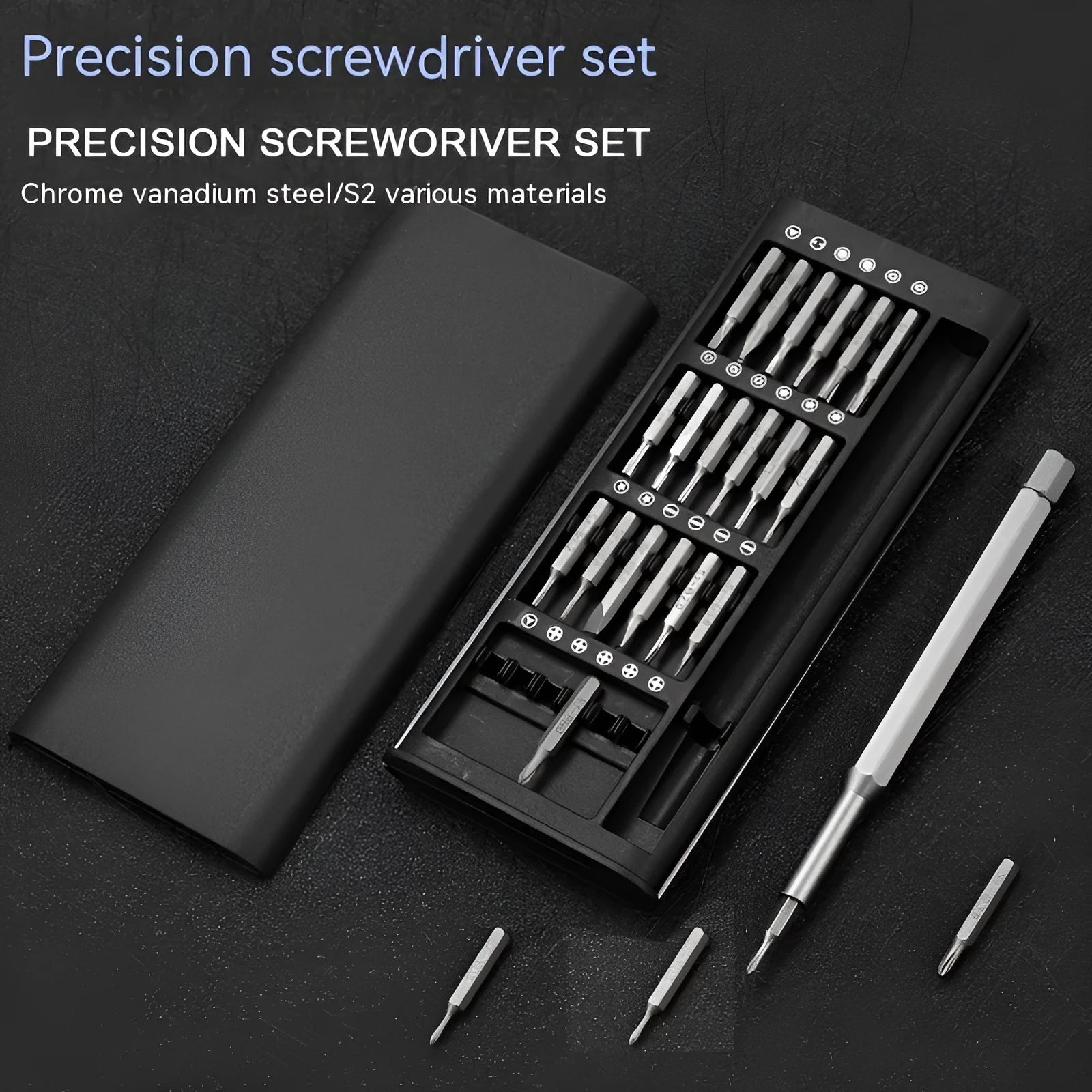 24-in-1 precision magnetic screwdriver set with aluminium handle and chrome vanadium steel bits