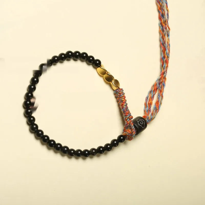 Hand-woven obsidian bead bracelet with adjustable 15.5-16cm strap