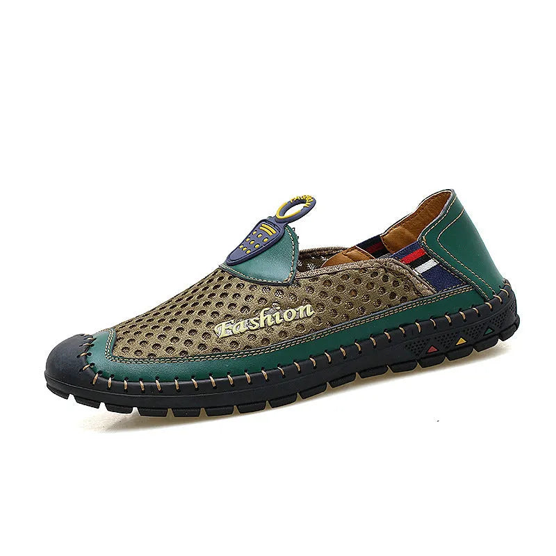 Men's brown breathable mesh casual slip-on shoes with a round toe and rubber sole on a white background.