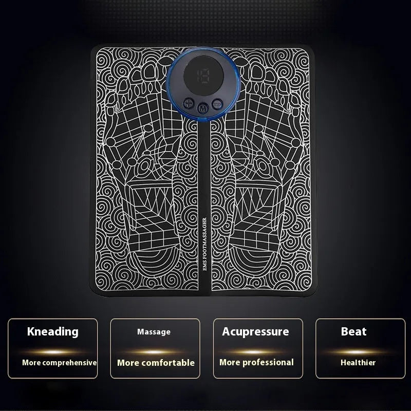 Leather foot massage cushion with a separate wireless remote control on a wooden floor