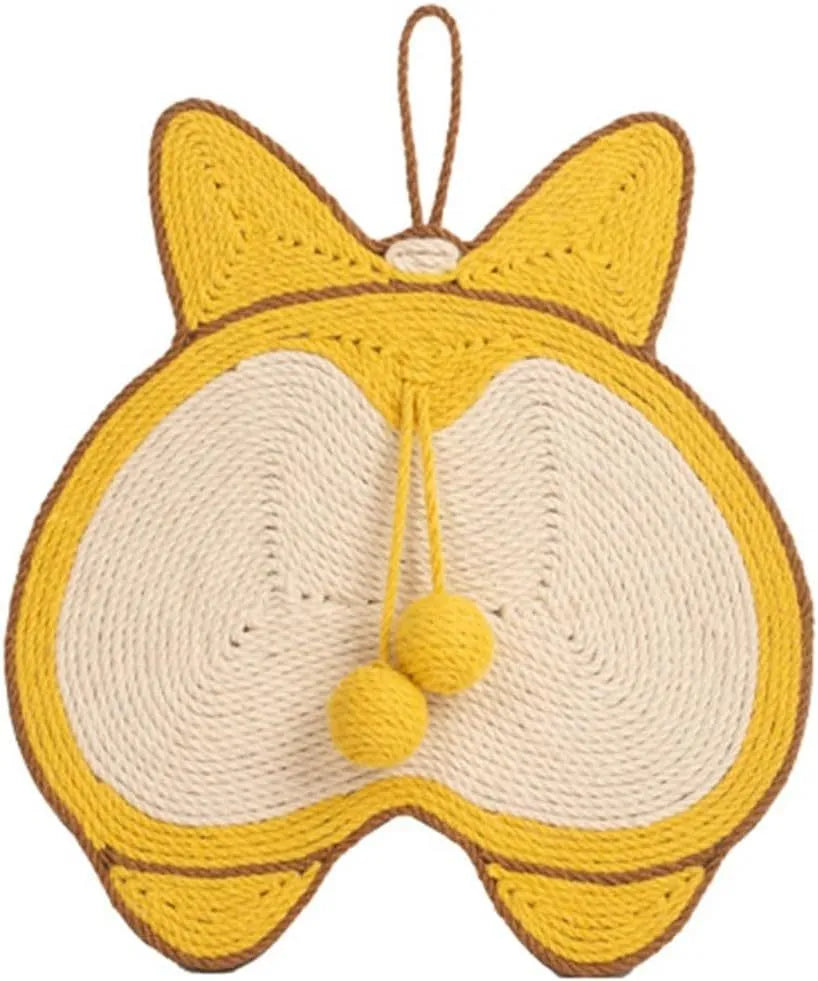 Yellow cat scratching pad with Corgi dog butt design, made from sisal with a grey anti-slip base.