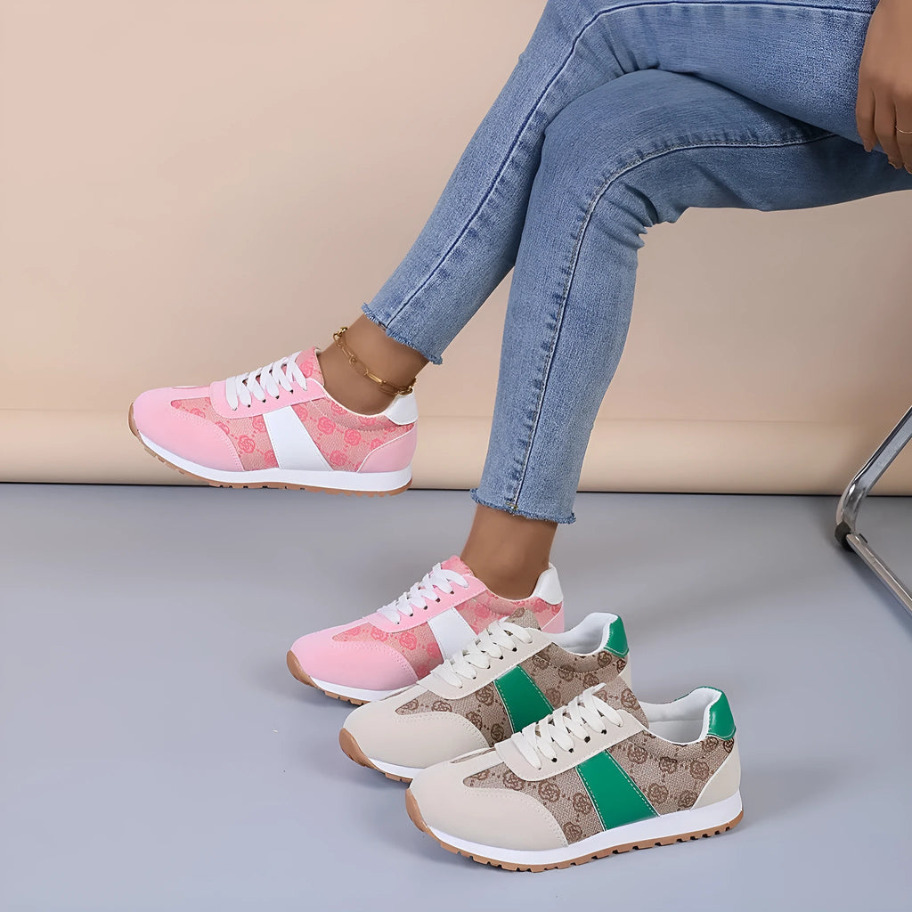 Women's oversized casual lace-up shoes with floral design in khaki colour showing round toe and cross-strap detailing