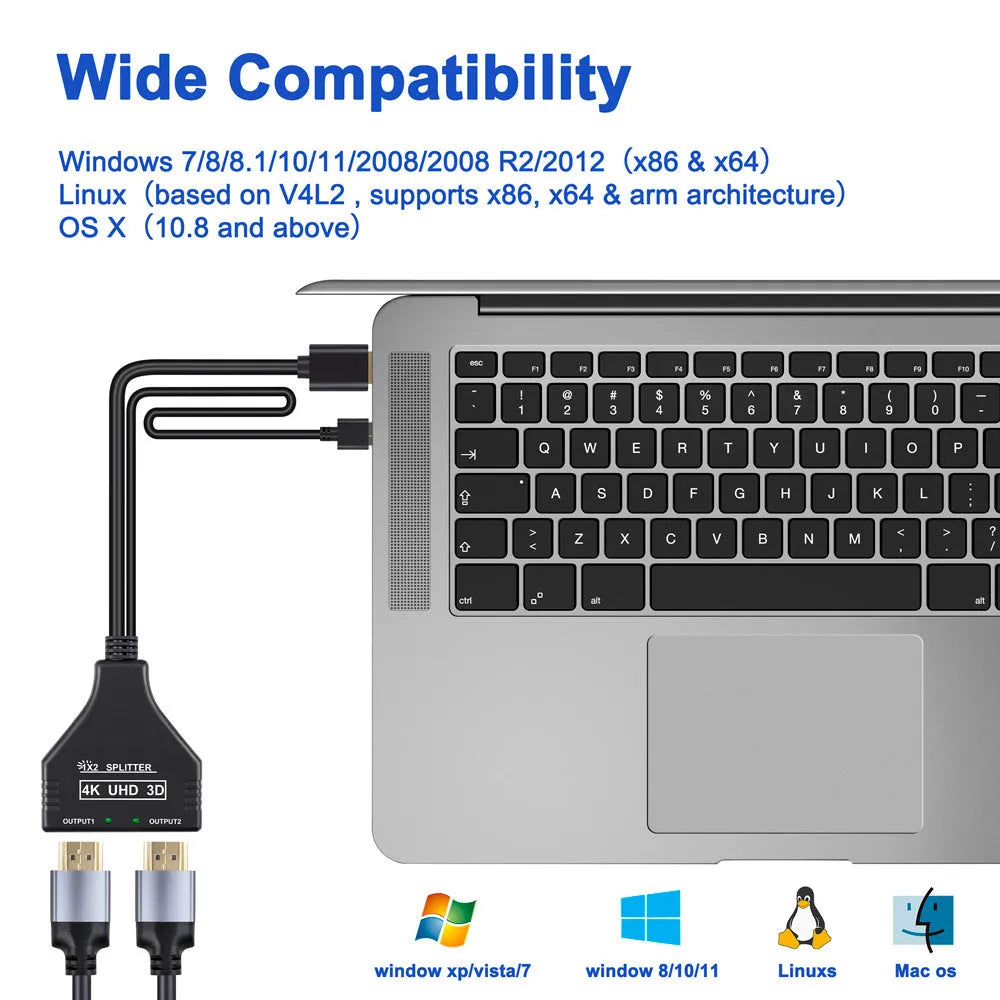 One divided into two HDMI distributor in black with USB power supply and 0.5 metre cable