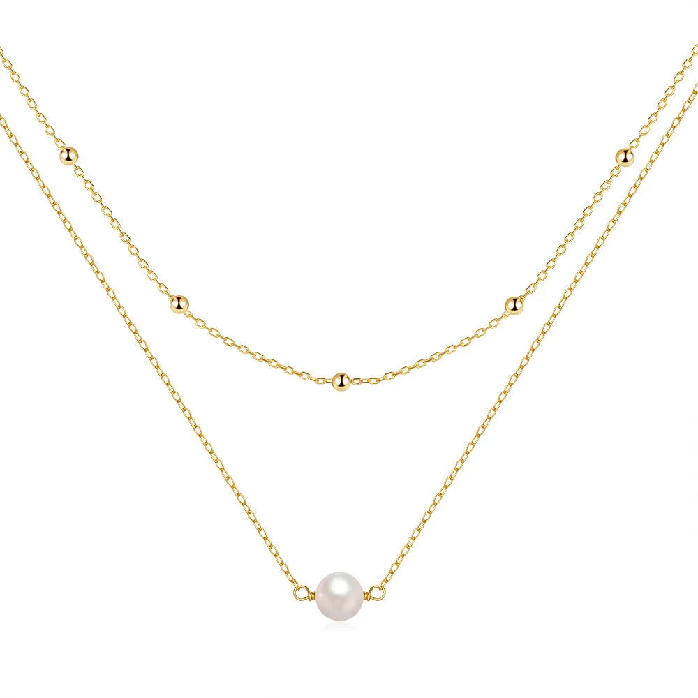 S925 sterling silver necklace with double layer design and twin pearls in gold or white gold colour