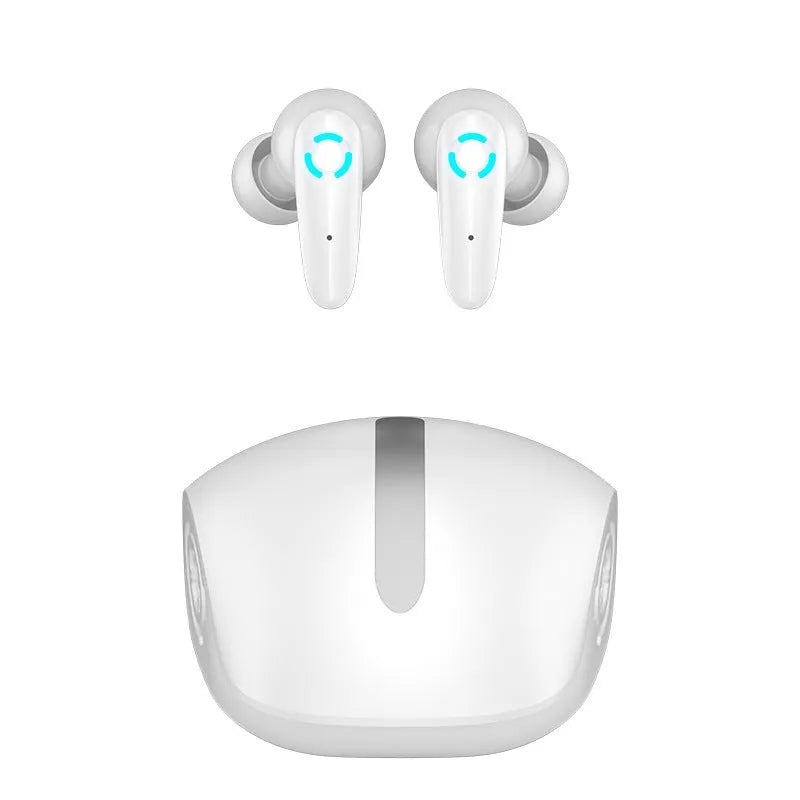 TWS wireless gaming headset in black, white, or yellow with USB charging cable