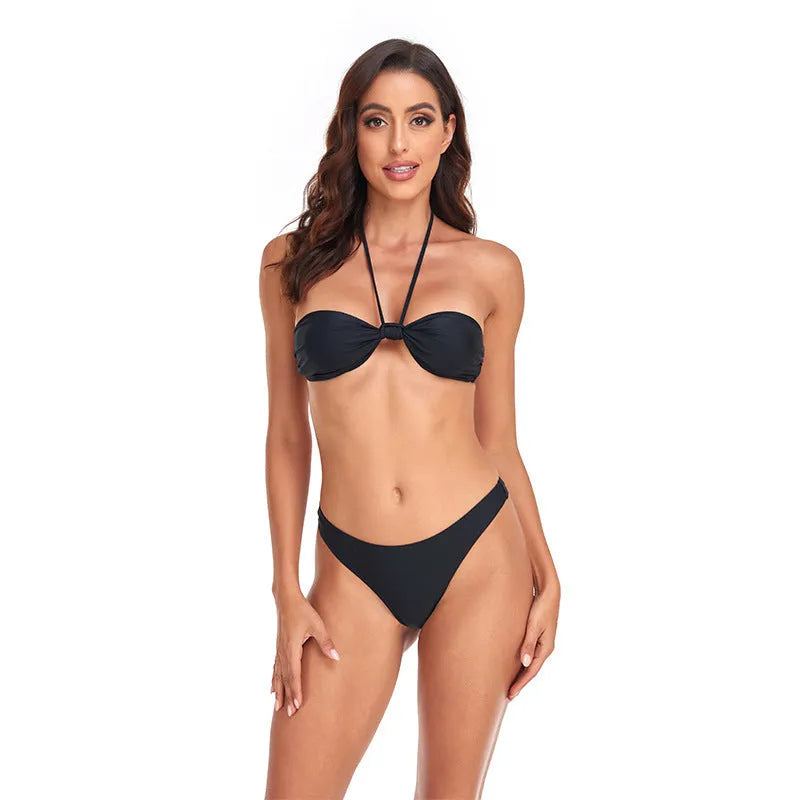 Black women's bikini set with lace-up tube top and briefs bottoms