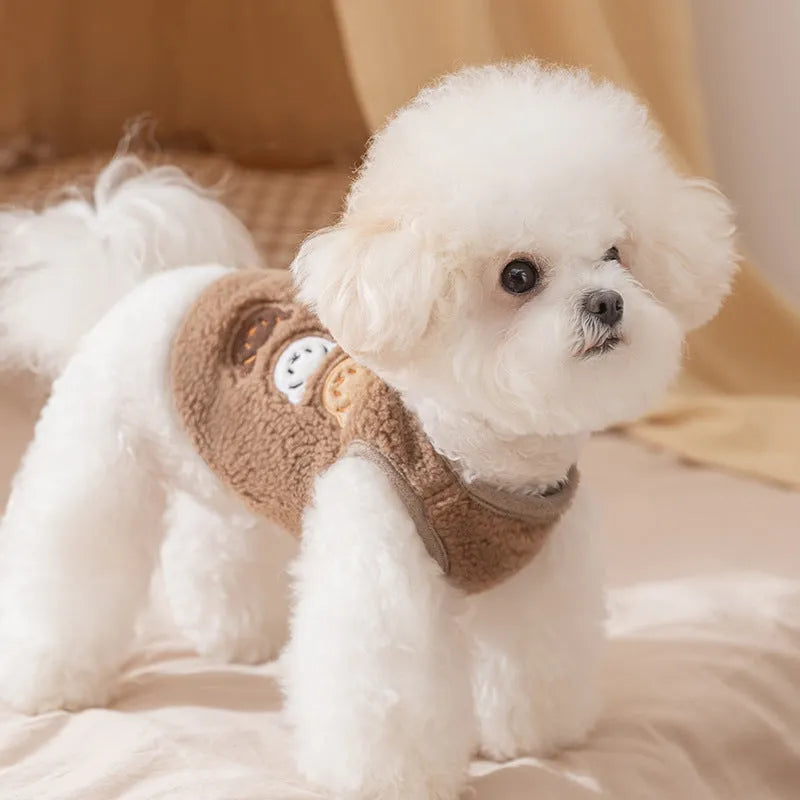 Warm fleece dog jacket with bear embroidery for small breeds, side-button closure, available in brown and white.