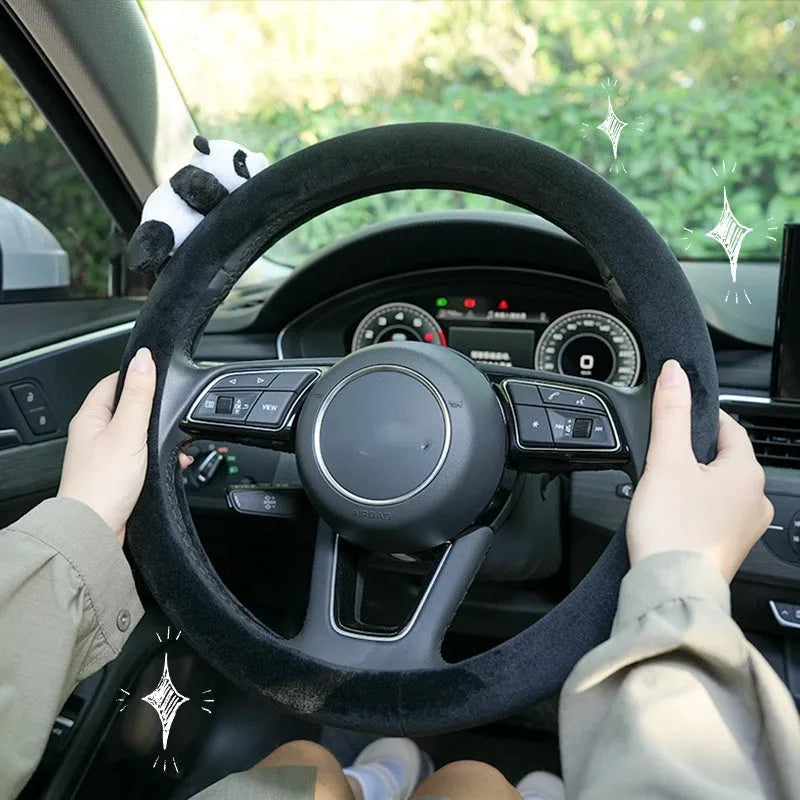 Plush black panda car steering wheel cover and matching shoulder pad set for 38cm diameter wheels