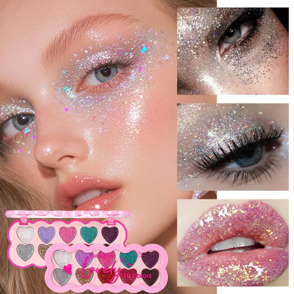 Pearlescent heart-shaped ten-colour sequin eye shadow palette showing shades of pink, blue, purple and brown.