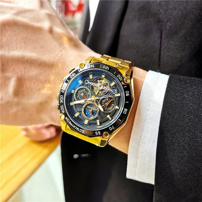 Men's automatic mechanical watch with a slim 12mm case shown in multiple colour variants.