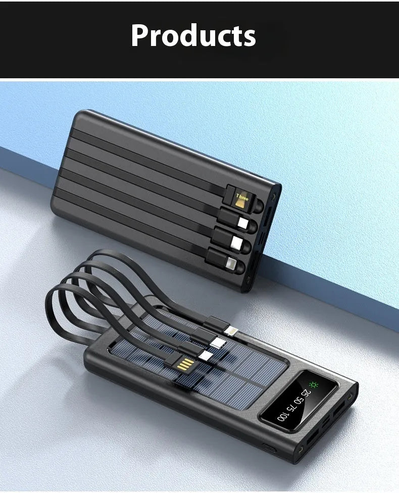 Black and white solar power bank with built-in cable showing 20000mAh capacity and dimensions.