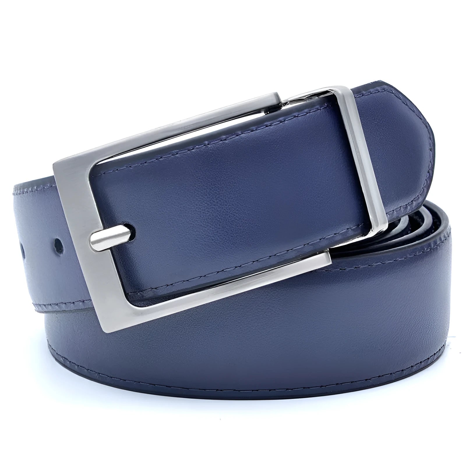 Men's brown and black genuine leather belt with rotating metal pin buckle shown at standard width