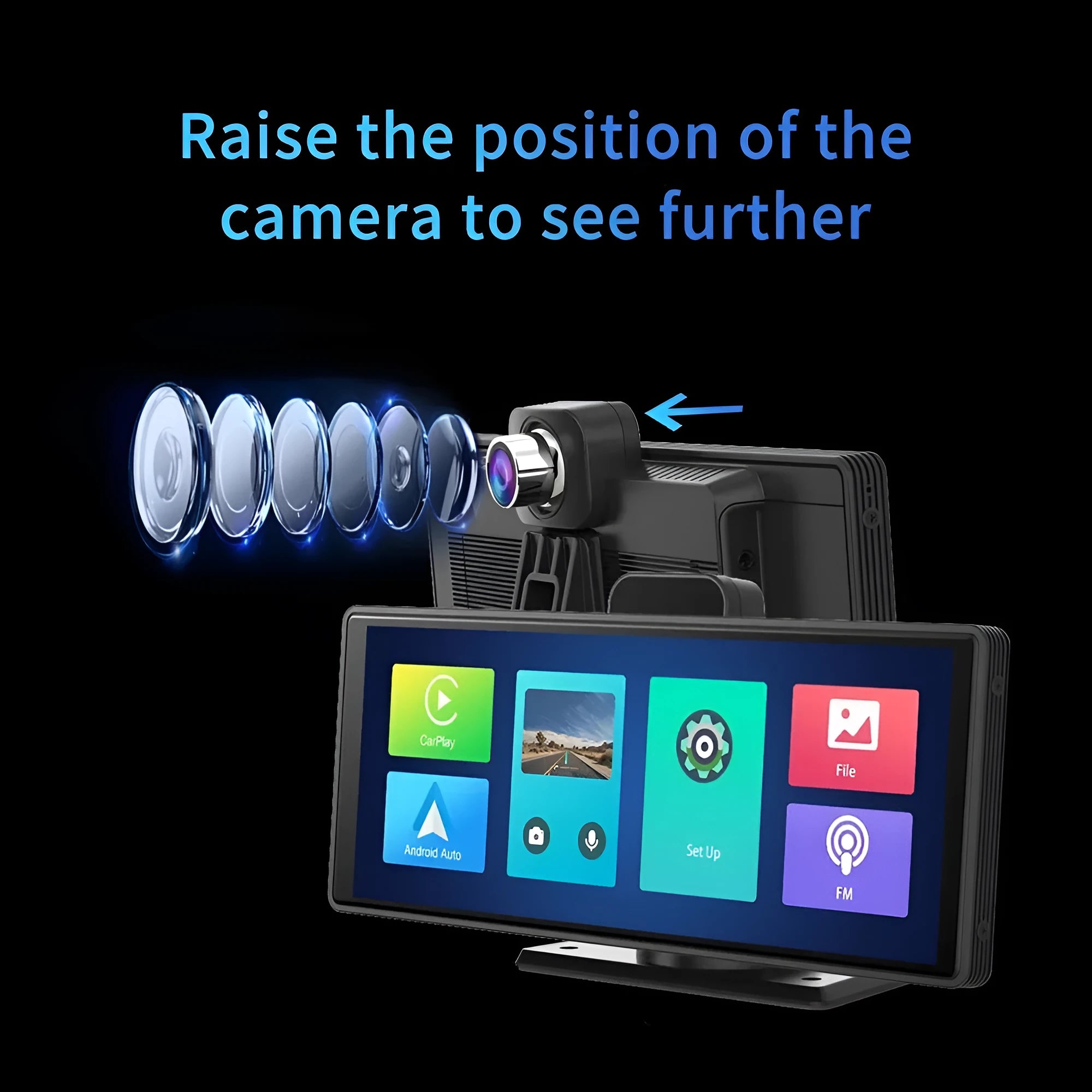 Black car dash cam with 10.26-inch touch screen showing dual camera display