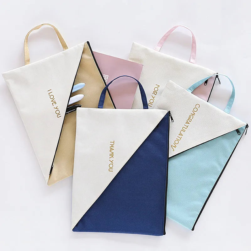 Blue Oxford cloth document storage bag with zipper closure showing A4 paper size