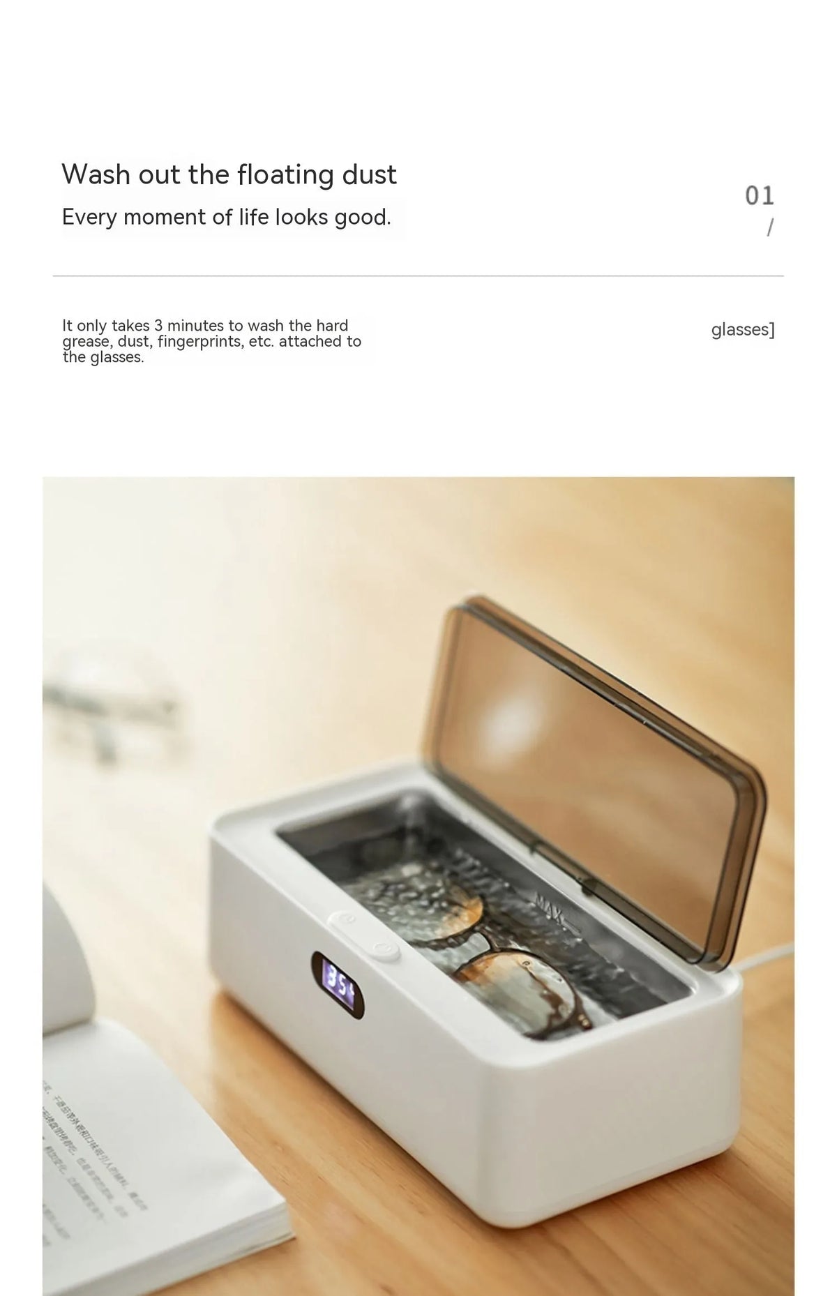 OLK-UC01 ultrasonic cleaning machine in ceramic white for glasses, contact lenses and jewellery, 500-700mL capacity