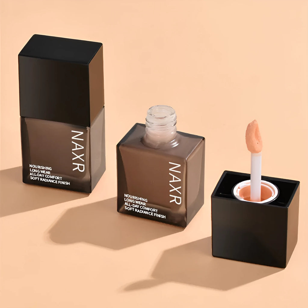Liquid foundation bottle for oil control and brightening, available in natural color and ivory white shades.