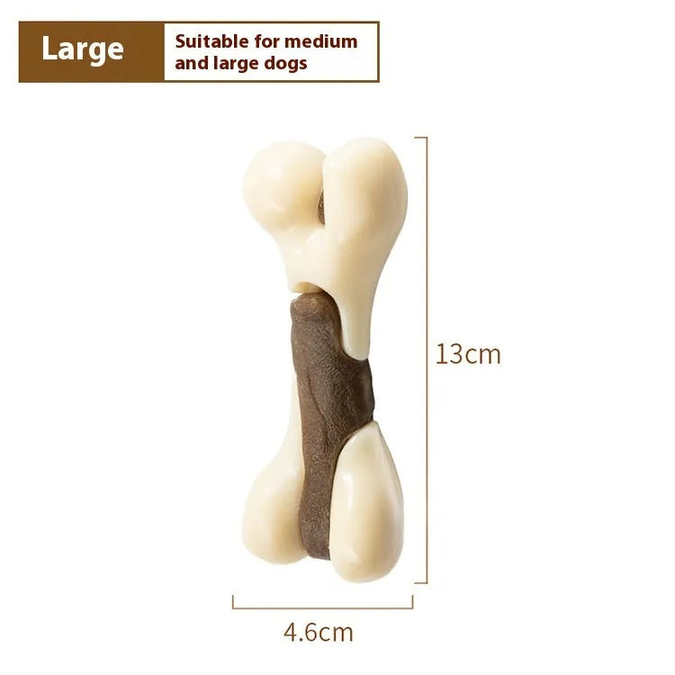 Cowhide and nylon dog bone grinding rod chew toy in small and large foodie bones sizes