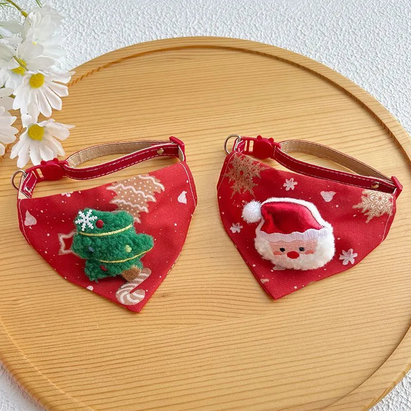 Red Christmas pet handkerchief scarf with Santa Claus and Christmas tree appliques, adjustable collar fit 9.06-15.75 inches.