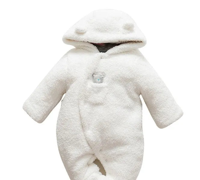 Cotton padded baby romper with lamb print, long sleeves, and foot covers in brown colour.