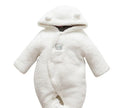 Cotton padded baby romper with lamb print, long sleeves, and foot covers in brown colour.