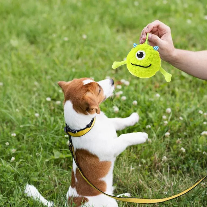 Green interactive dog toy ball with sound activation for puppy teething and dental care