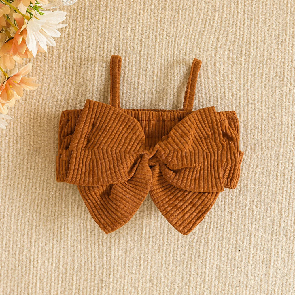 Girls three-piece cotton outfit set with bow suspender top, trousers and hairband in beige or light brown