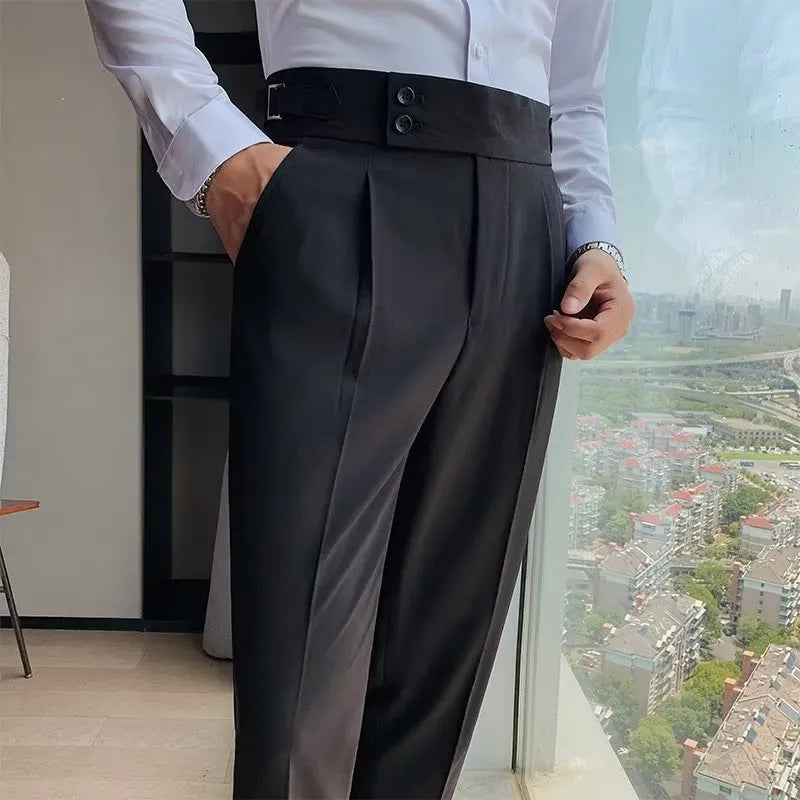 Women's high waist straight leg trousers in a cotton blend fabric, shown in autumnal colours.