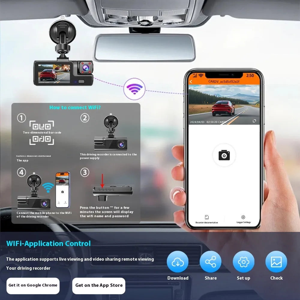 Black car dash cam with 2-inch screen, mounted on windscreen, showing WiFi logo and rear camera for reversing image.