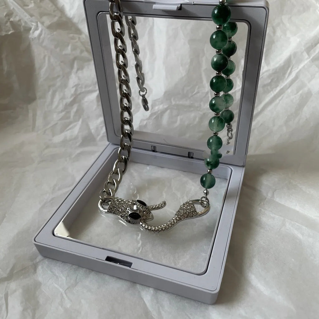 Shenlin Spirit Snake Stitching Lvzhu men's necklace in deep forest colour with titanium steel bone chain