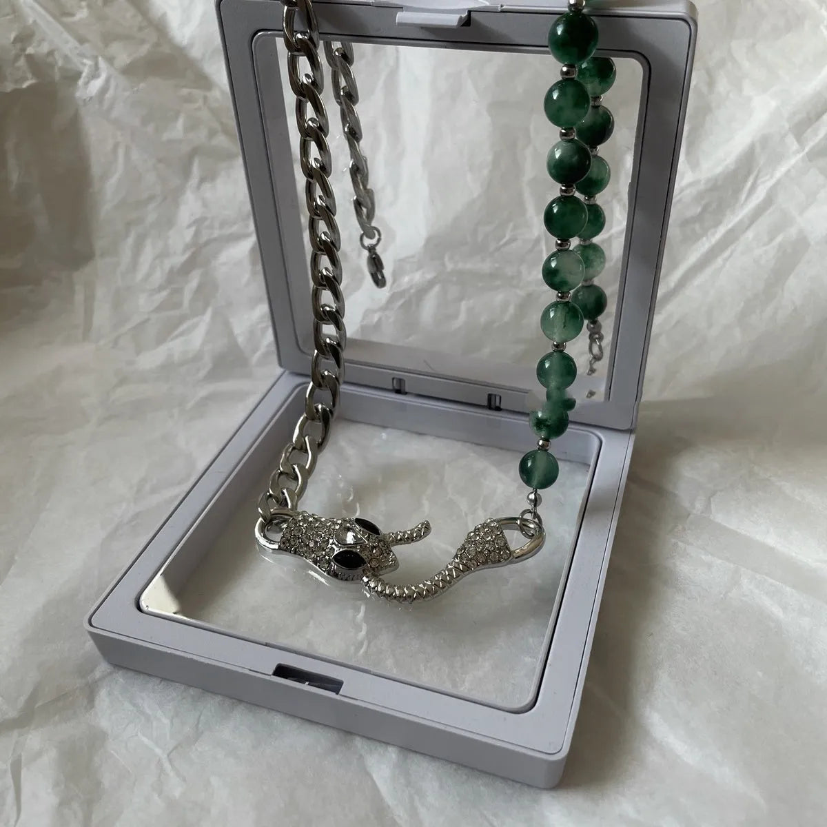 Shenlin Spirit Snake Stitching Lvzhu men's necklace in deep forest colour with titanium steel bone chain