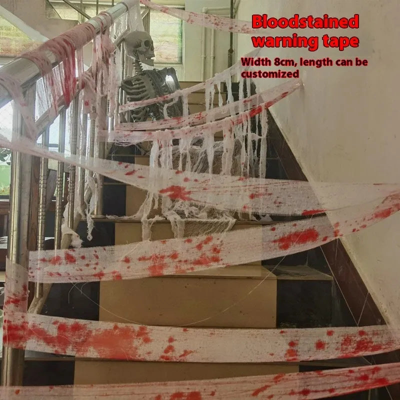 Halloween horror bandage roll showing 8cm wide polyester gauze with bloody red dyed finish