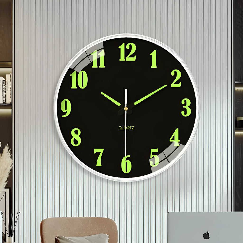 8 inch luminous modern wall clock showing glowing hands and numbers on a plastic shell.