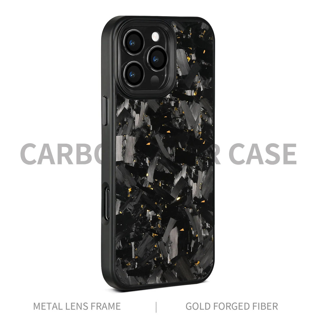 Carbon fibre metal frame forged pattern phone case in black frame blue gold magnetic variant for iPhone