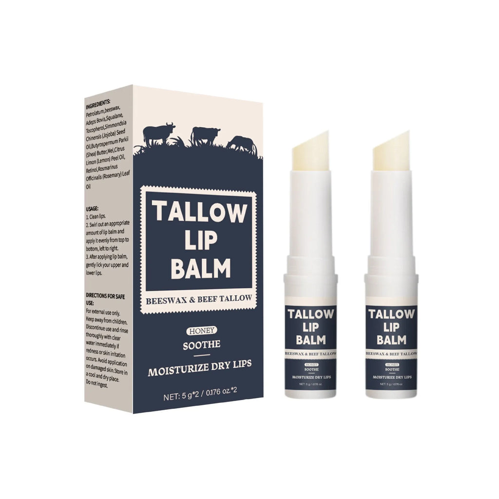Two standard size colourless beef fat lip balm sticks for dry lip care