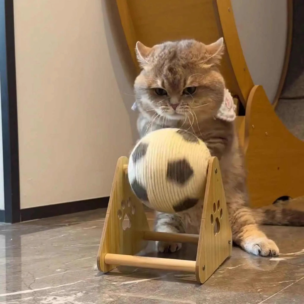 Vertical wooden cat scratching post in football style with solid wood frame and sisal rope surface for claw grinding.