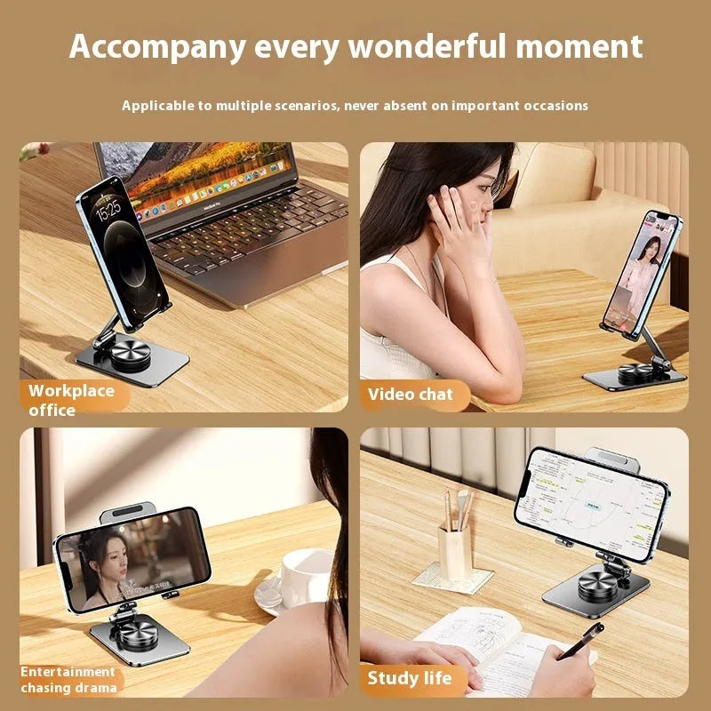 Rotatable folding mobile desktop stand phone holder in black on a desk showing adjustable angle