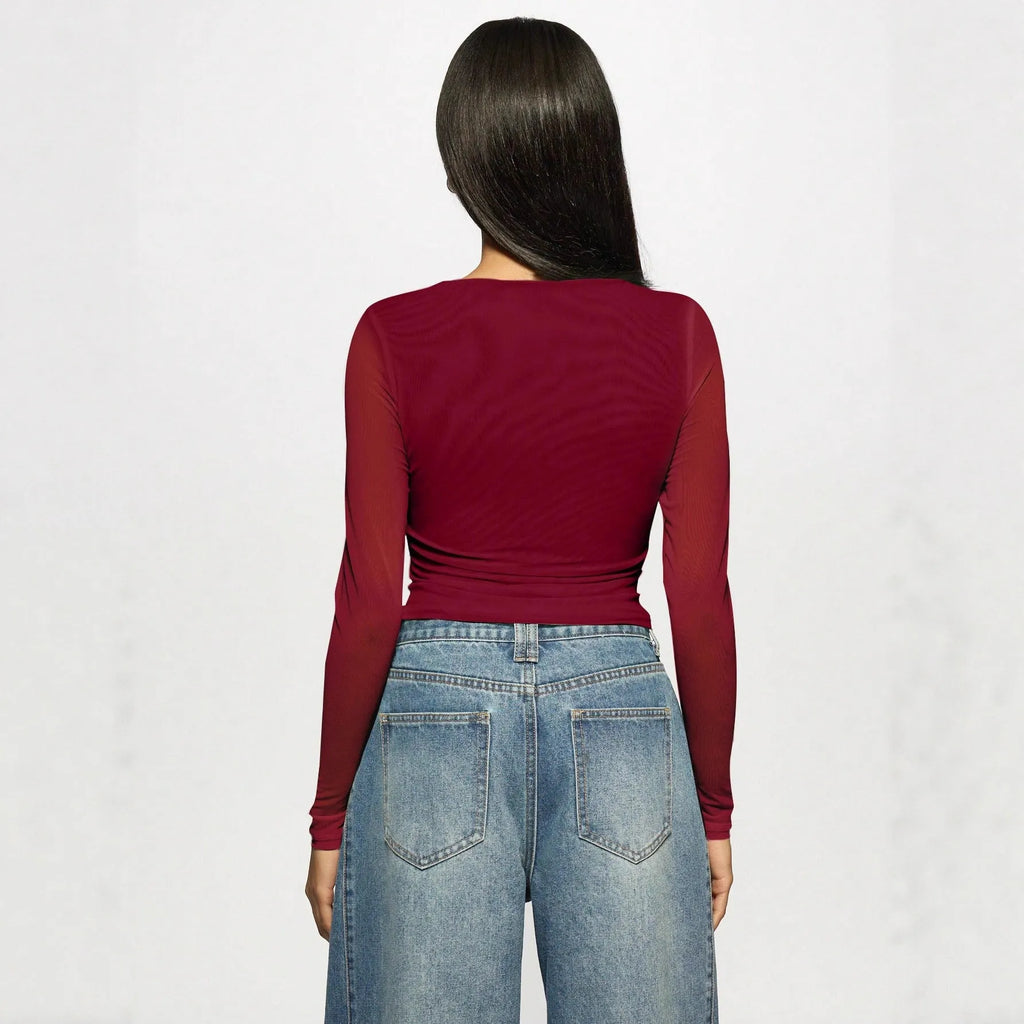 Wine red women's long sleeve mesh rhinestone bottoming top pullover