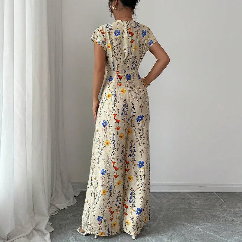 Apricot high-waist wide-leg pants with short sleeves and waist-cinching fit, polyester, sizes S to XL
