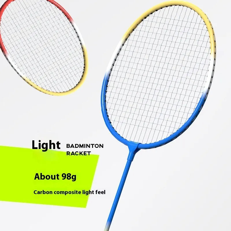 A pair of blue and red alloy ultra-light split badminton rackets laid flat.