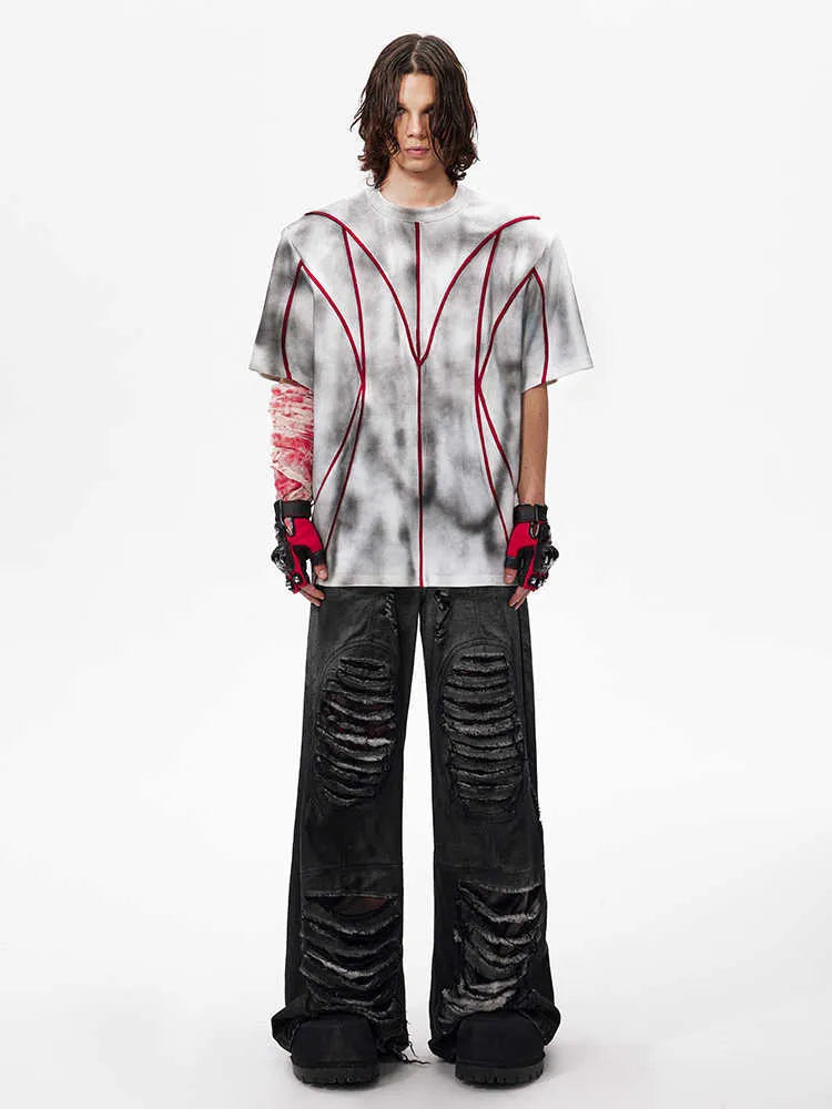 Padded shoulder short sleeve T-shirt with three-dimensional line patchwork design on round neck top