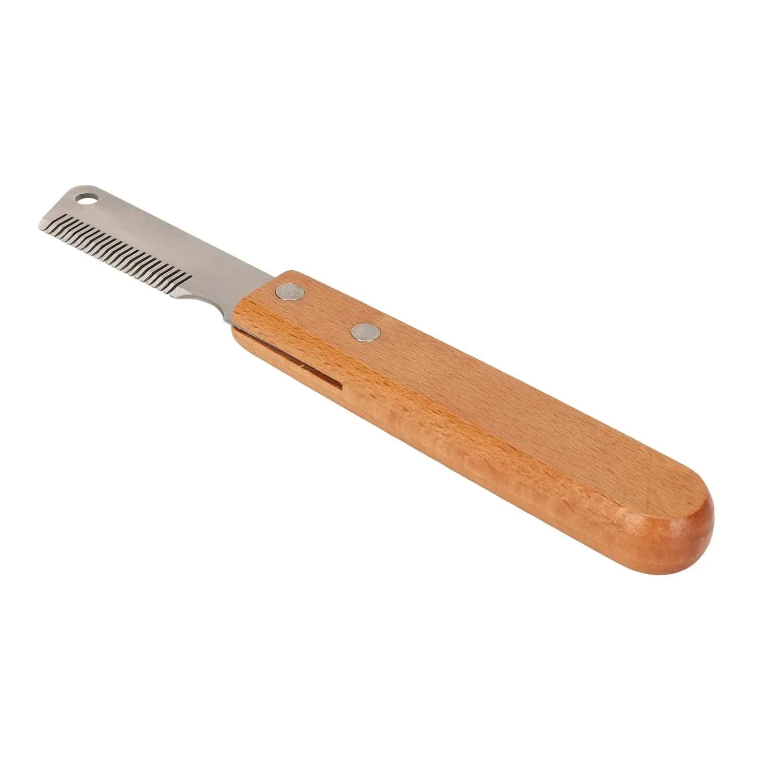 Pet stripping comb grooming tool with a wood handle and metal blade for dogs and cats.