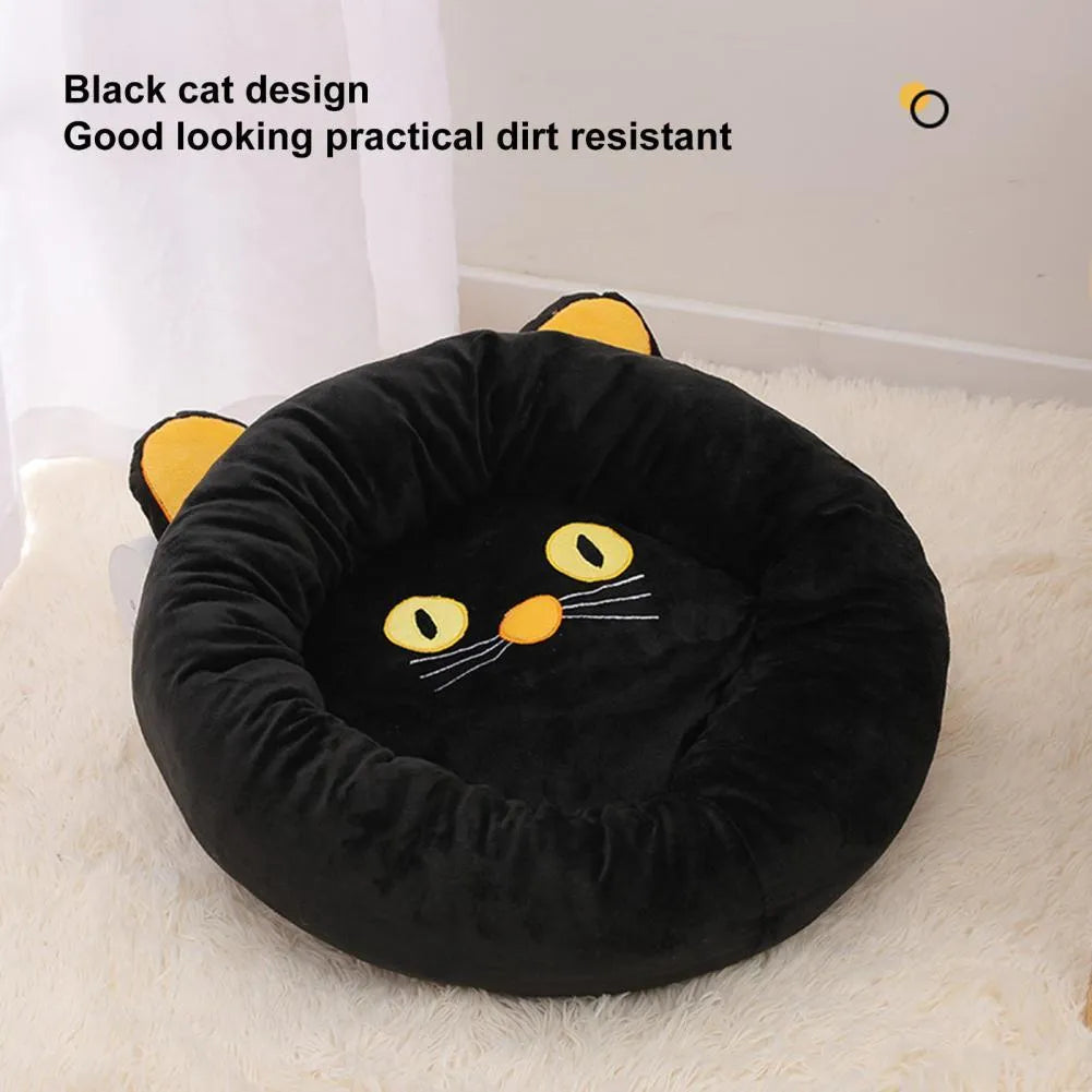 Black cat shape velvet pet nest bed with raised edges for cat head and neck support