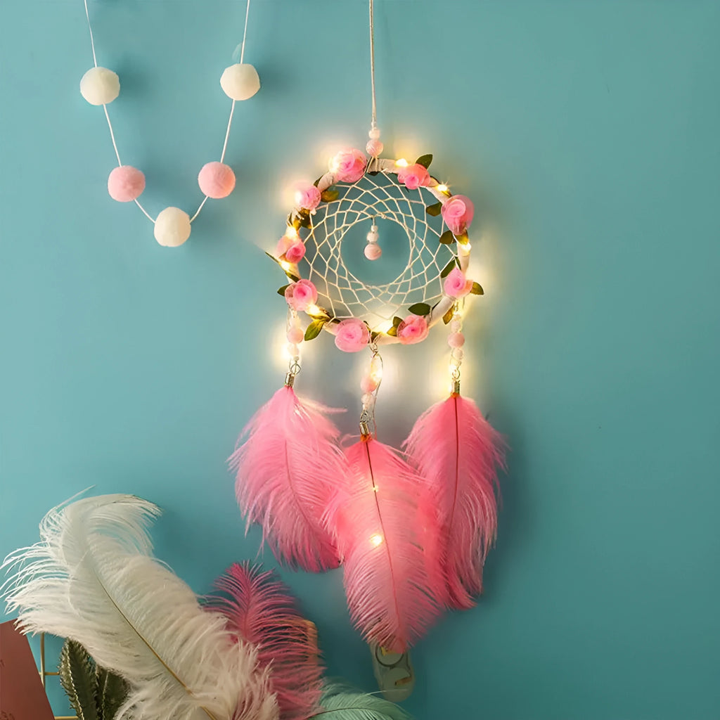 Pink ostrich feather Dreamcatcher Wind Chimes wall decoration in modern simplicity style